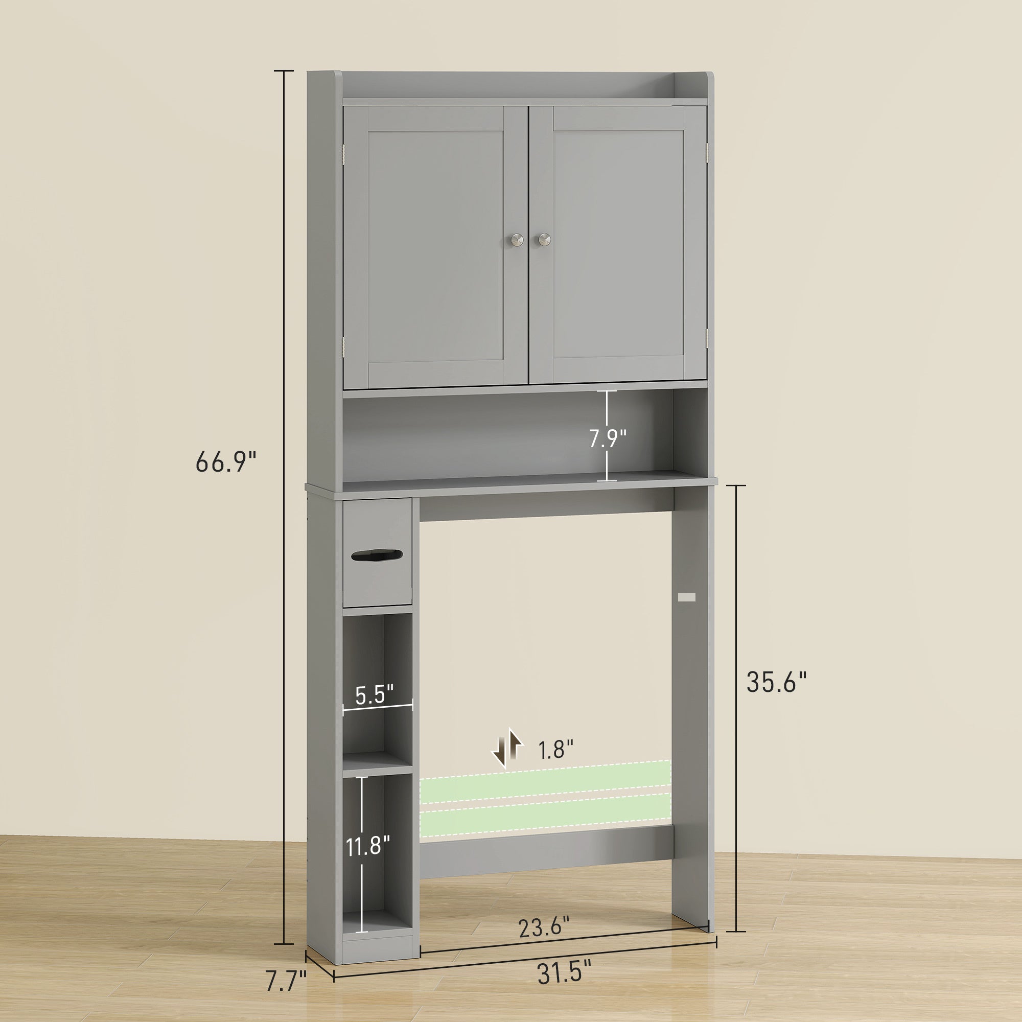 Modern Over The Toilet Storage Cabinet With 2 Doors, Above Commode Storage Cabinet With Toilet Paper Holder, Gray
