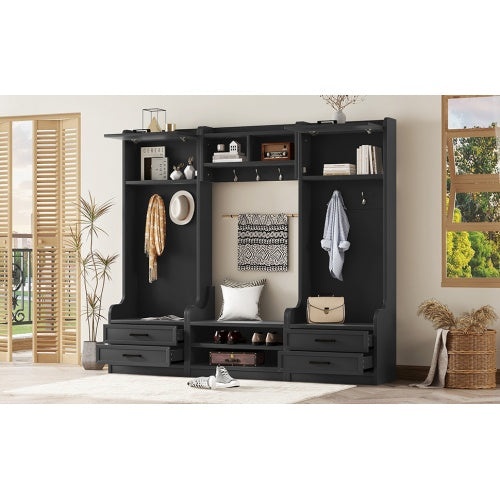 4-in-1 Detachable Hall Tree With Storage And 7 Hooks, Multiple Functions Hallway Coat Rack With Storage Drawers And Cabinet, Black Shoe Bench For Entryway Hallway