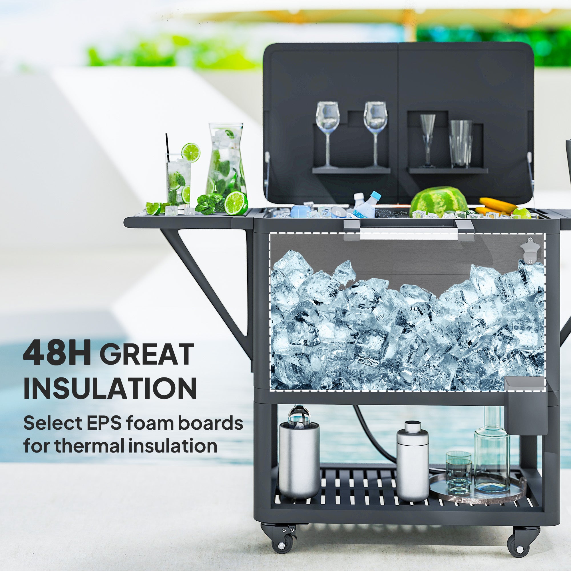 104 Quart Large Capacity Outdoor Cooler Cart, Patio Rolling Ice Chest With Bottle Opener Shelves Wheels, Black