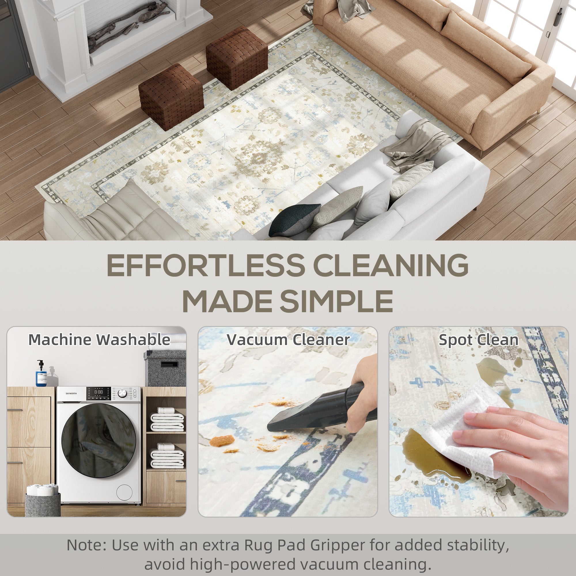 9x12 Area Rug, Indoor Boho Machine Washable Carpet For Living Room, Bedroom, Dining Room, Kitchen, Blue