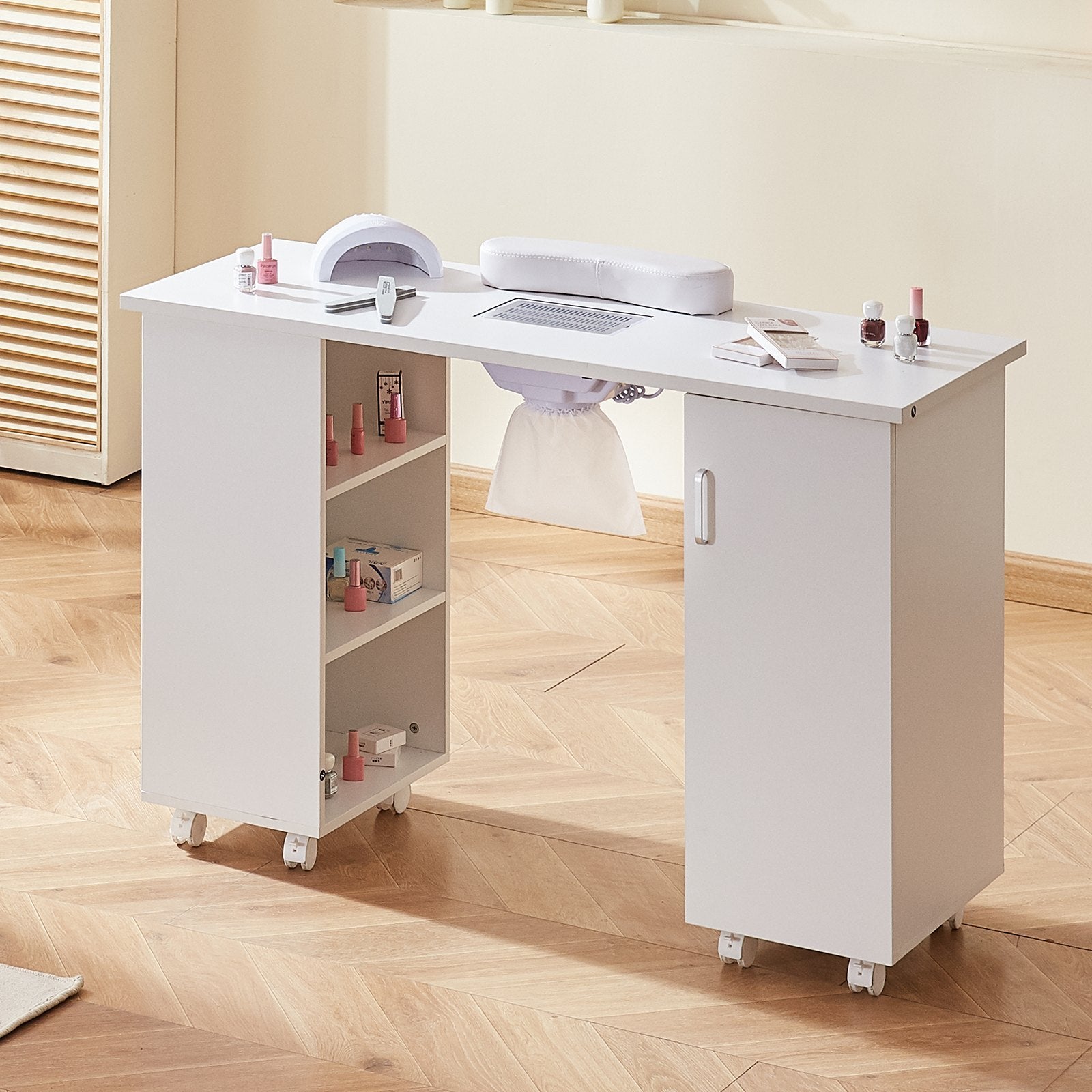 Manicure Table, Nail Table Station With Electric Dust Collector, Moveable Nail Tech Desk With 8 Wheels 4 Lockable, 3 Dust Bag & Wrist Rest, MDF Nail Art Workstation For Spa Beauty Salon, White
