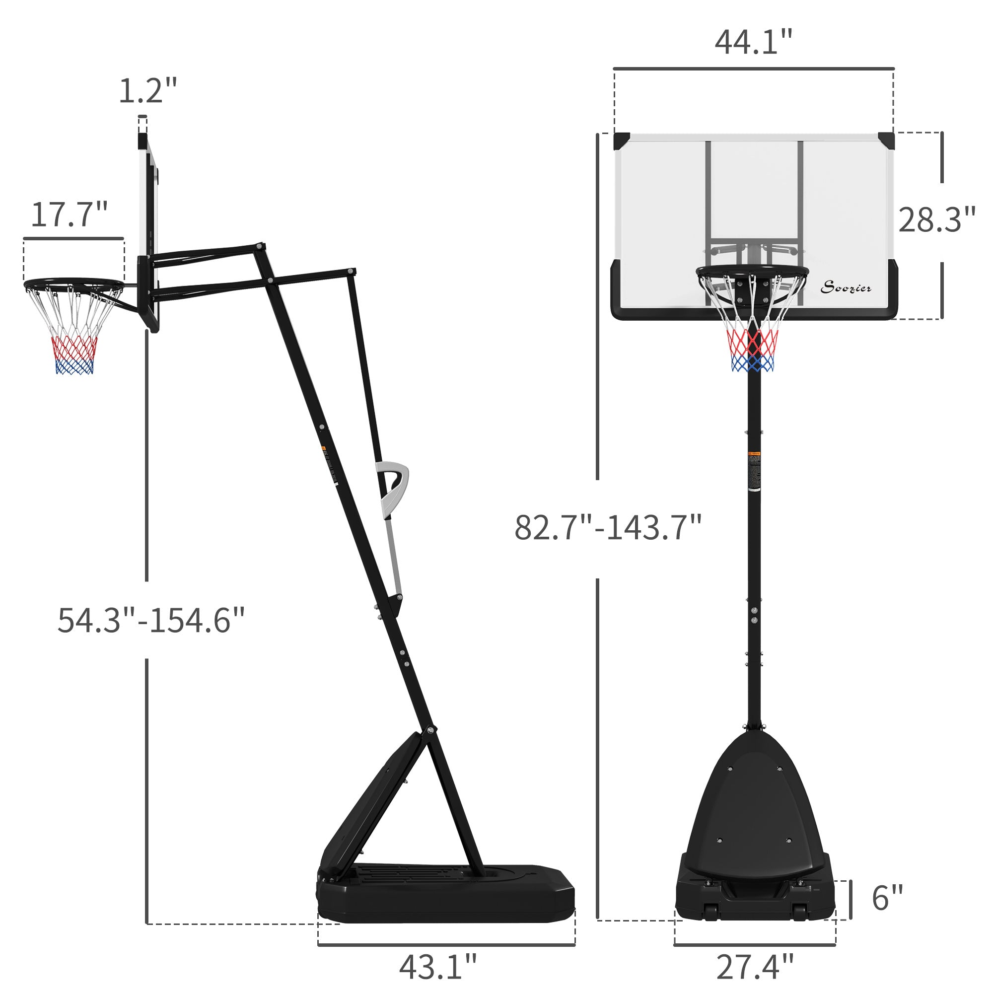 5-10 Basketball Stand, Freestanding Basketball System With 44 Shatterproof Backboard, Rebound System And Wheels