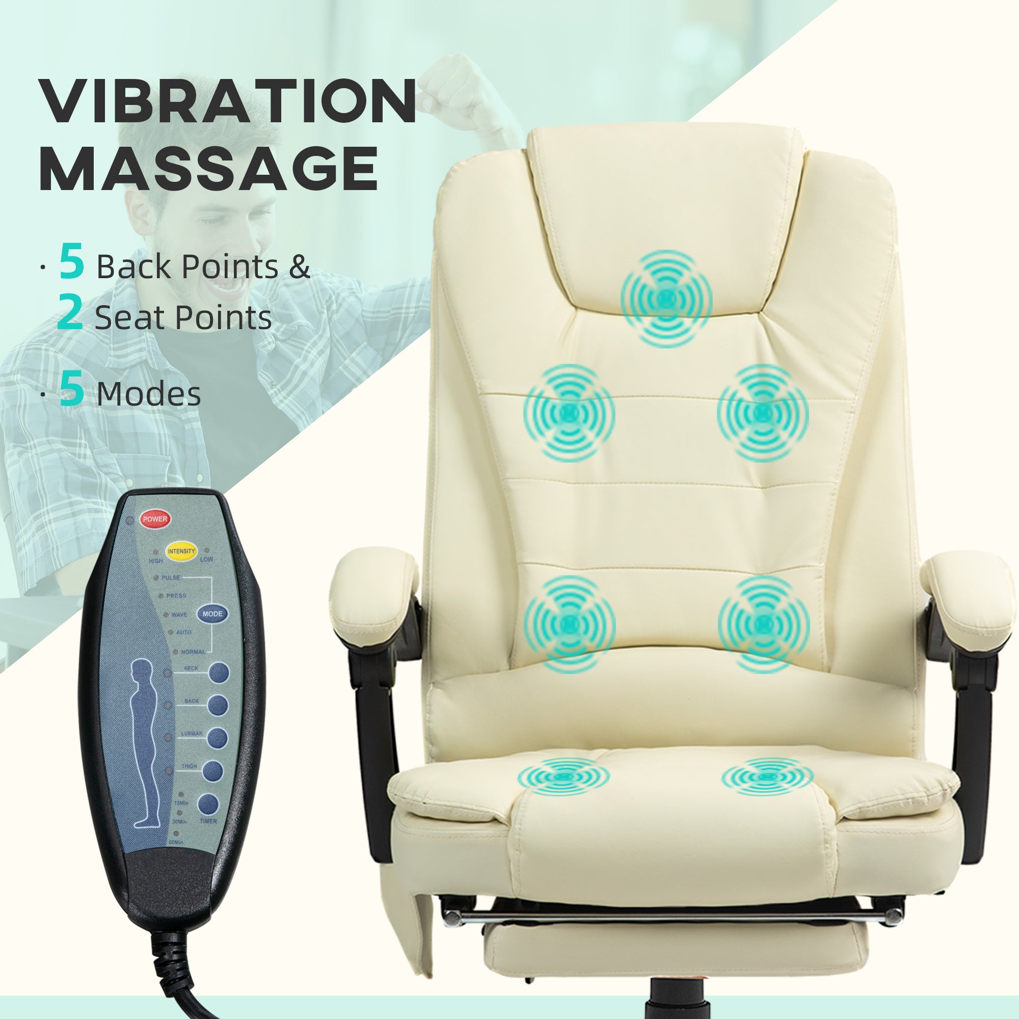 7-Point Vibrating Massage Office Chair High Back Massaging Office Desk Chair With Lumbar Support, Footrest, Cream White