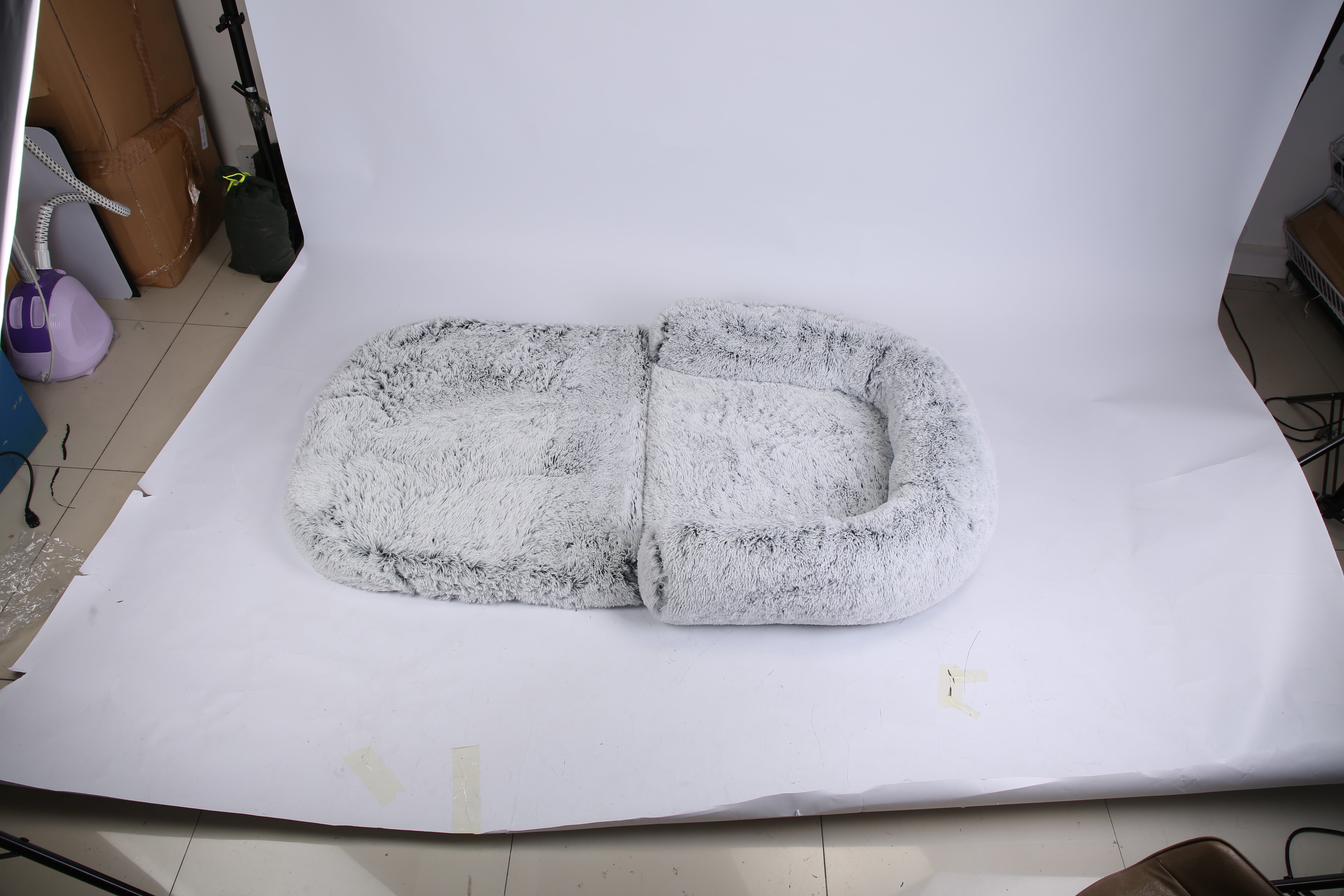 1Pc Large Foldable Human Size Dog Bed With Pillow Blanket Flurry Plush Napping Human-Sized Dog Bed Machine Washable Zipped Removable Cover For Pets Kids Adults Grey 71x45x10in