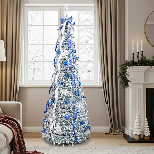 7 FT Snow Flocked Pre-lit Artificial Pop Up Christmas Tree With 200 Warm Lights And Blue & Silver Ornaments For Home Office Store Holiday Deco