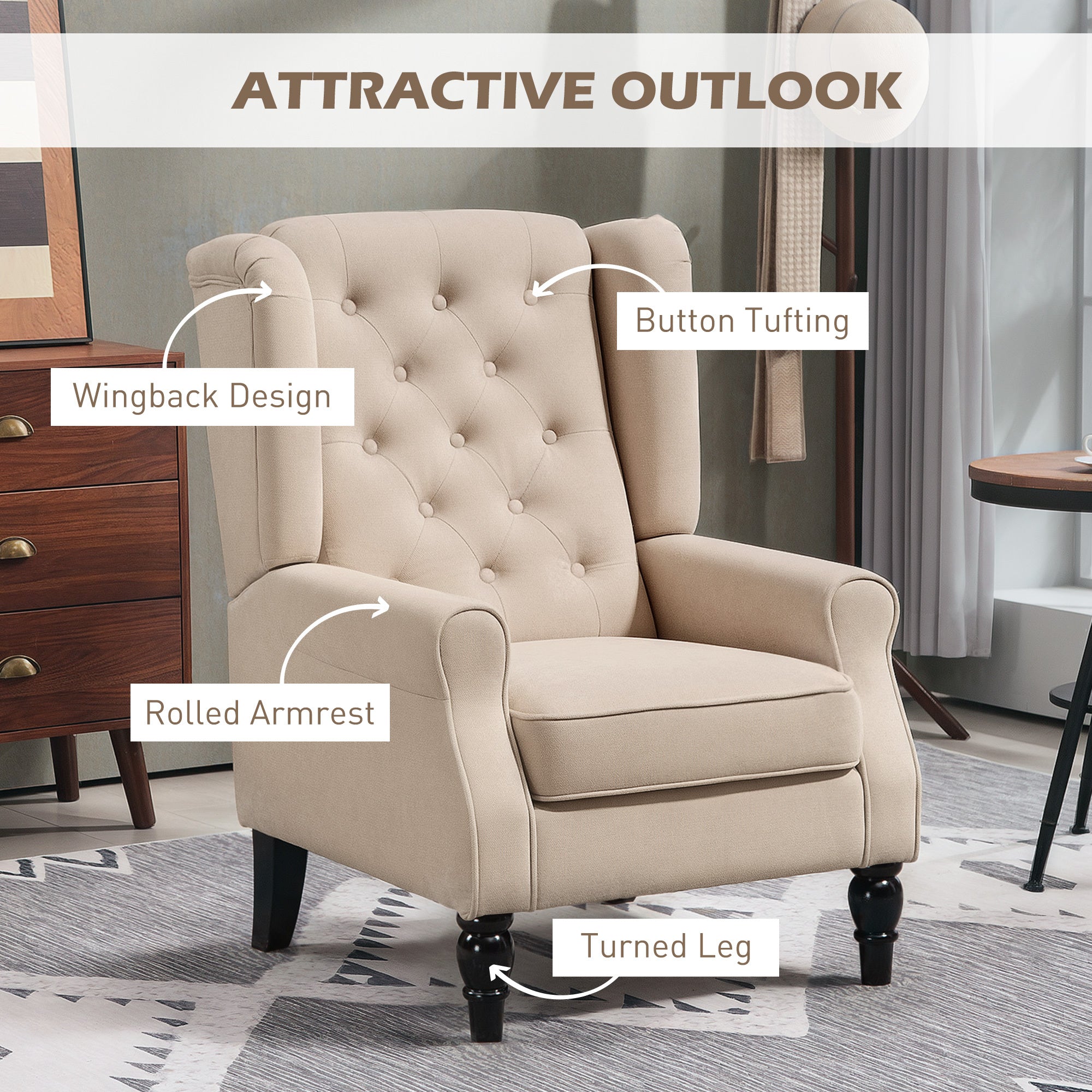 Wingback Accent Chair For Living Room, Button-Tufted Lounge Chair With Round Armrests And Wood Legs, Beige
