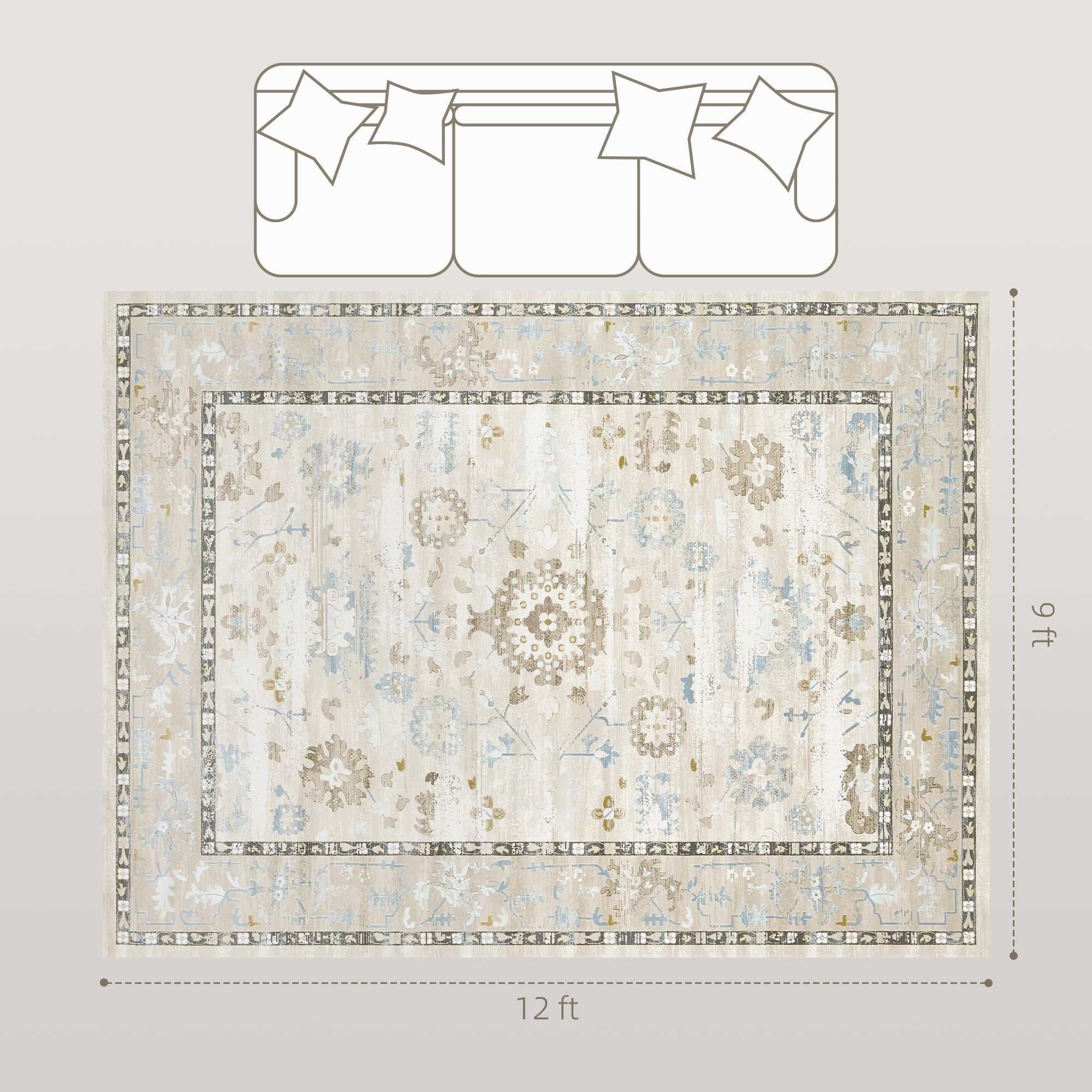 9x12 Area Rug, Indoor Boho Machine Washable Carpet For Living Room, Bedroom, Dining Room, Kitchen, Blue