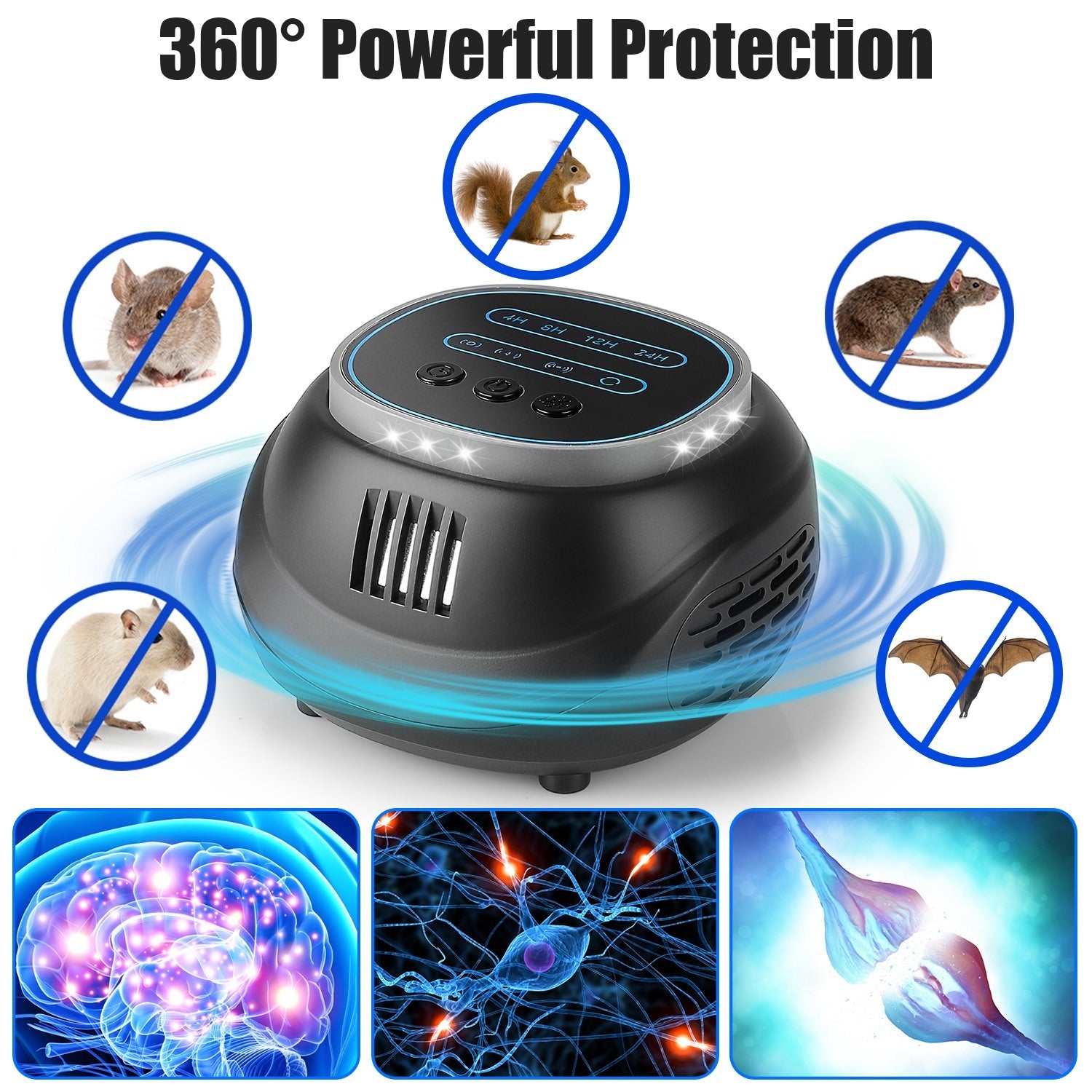 1Pc Ultrasonic Rodent Chaser Rat Repellent Pest Driver Mouse Control Squirrel Repeller With 4 Modes 4-65KHz Strobe Light 4 Timer 1292sq.ft. Coverage For Rodent Mouse Rats Squirrels Bats