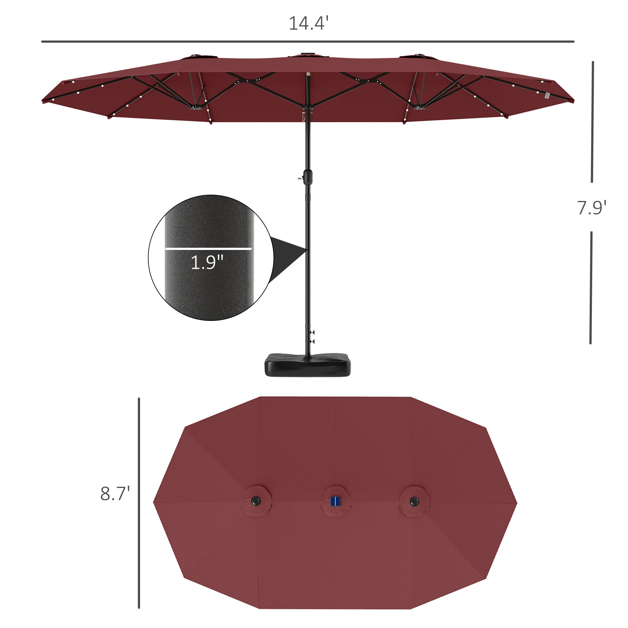 Garden Parasol 14.4ft Double-Sided Sun Umbrella With Base, Patio Parasol With LED Solar Lights, Wine Red