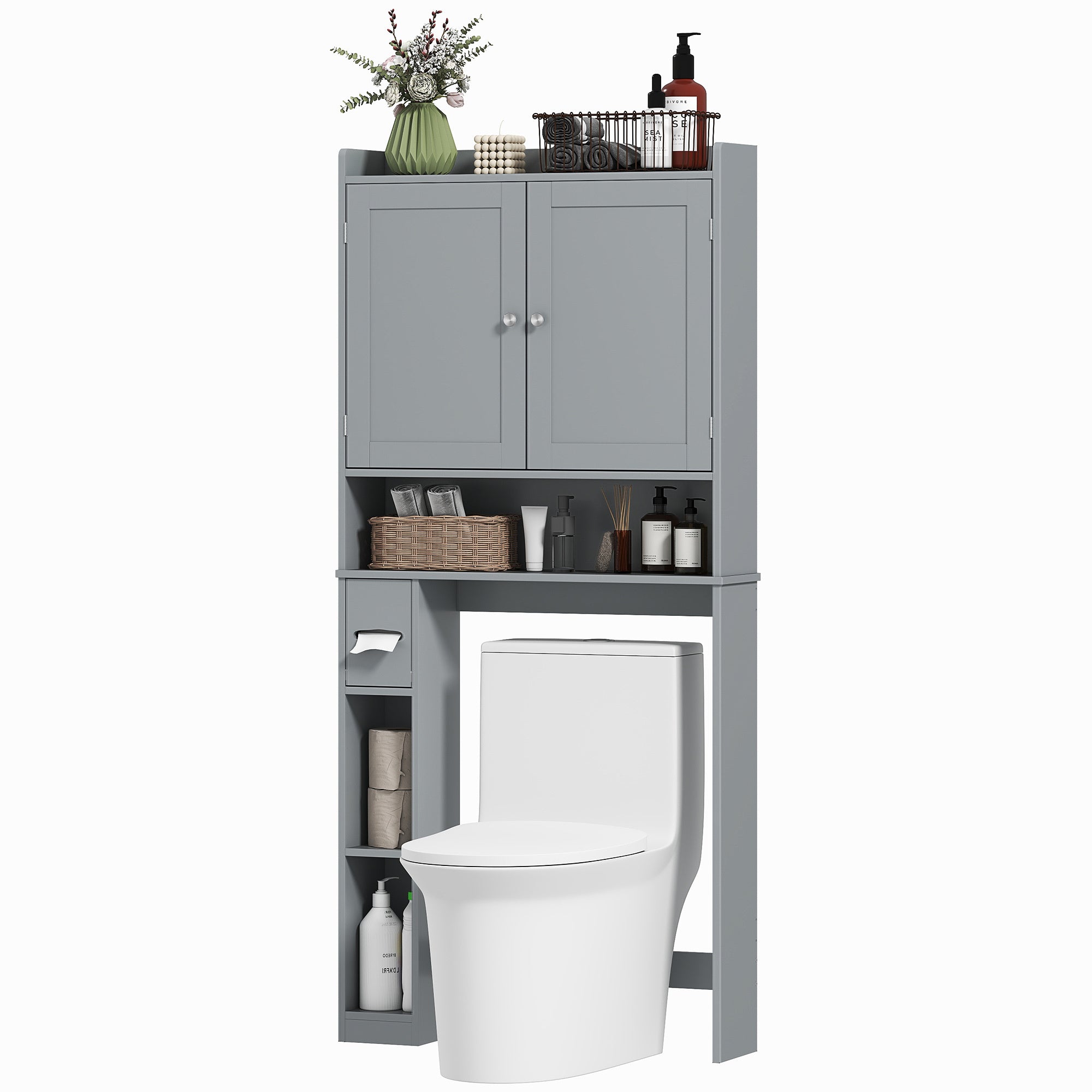Modern Over The Toilet Storage Cabinet With 2 Doors, Above Commode Storage Cabinet With Toilet Paper Holder, Gray