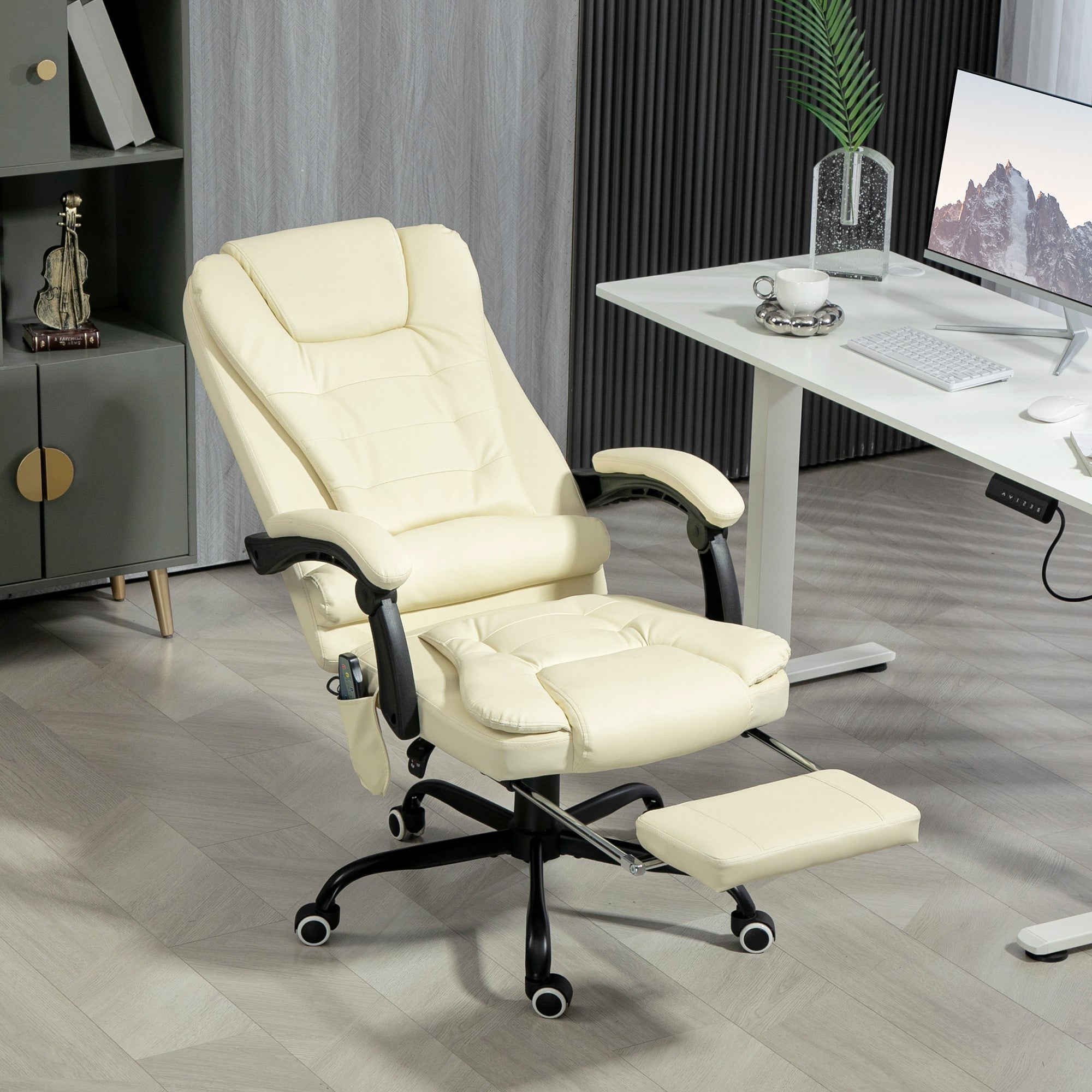 7-Point Vibrating Massage Office Chair High Back Massaging Office Desk Chair With Lumbar Support, Footrest, Cream White
