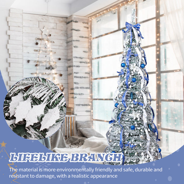 7 FT Snow Flocked Pre-lit Artificial Pop Up Christmas Tree With 200 Warm Lights And Blue & Silver Ornaments For Home Office Store Holiday Deco