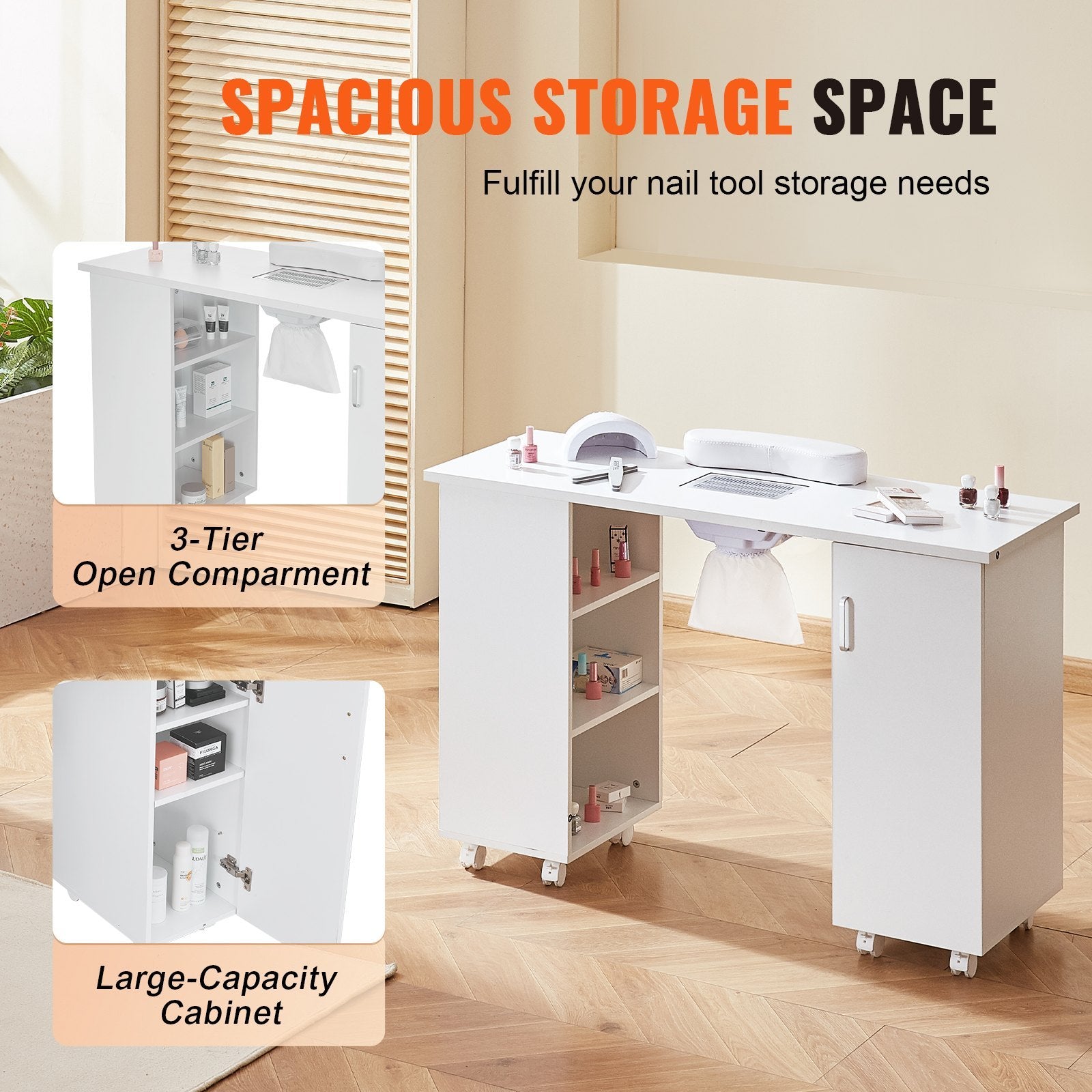 Manicure Table, Nail Table Station With Electric Dust Collector, Moveable Nail Tech Desk With 8 Wheels 4 Lockable, 3 Dust Bag & Wrist Rest, MDF Nail Art Workstation For Spa Beauty Salon, White