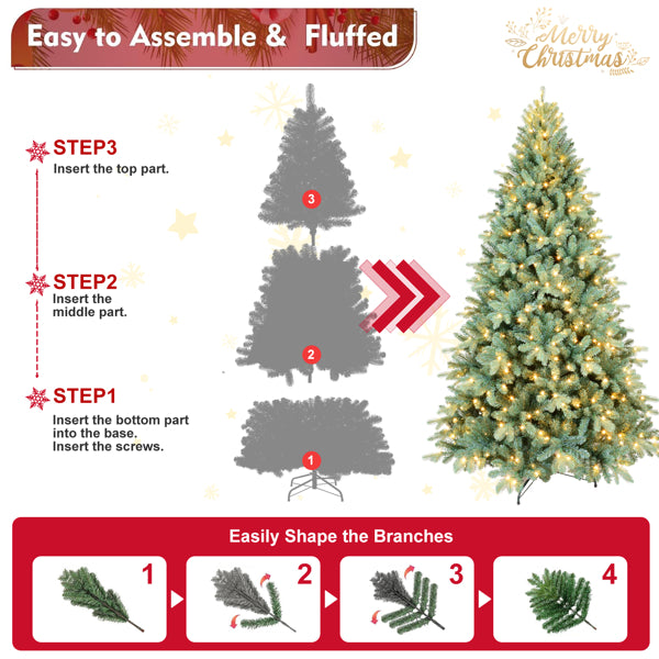 Artificial 9ft Blue Green Tint Christmas Tree With 3268 PE PVC Mixed Branch Tips, 800L Warm White Led, Memory Wire Iron Wire, Hinged Premium & Foldable Base For Indoor Holiday Decorating