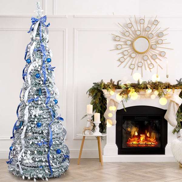 7 FT Snow Flocked Pre-lit Artificial Pop Up Christmas Tree With 200 Warm Lights And Blue & Silver Ornaments For Home Office Store Holiday Deco
