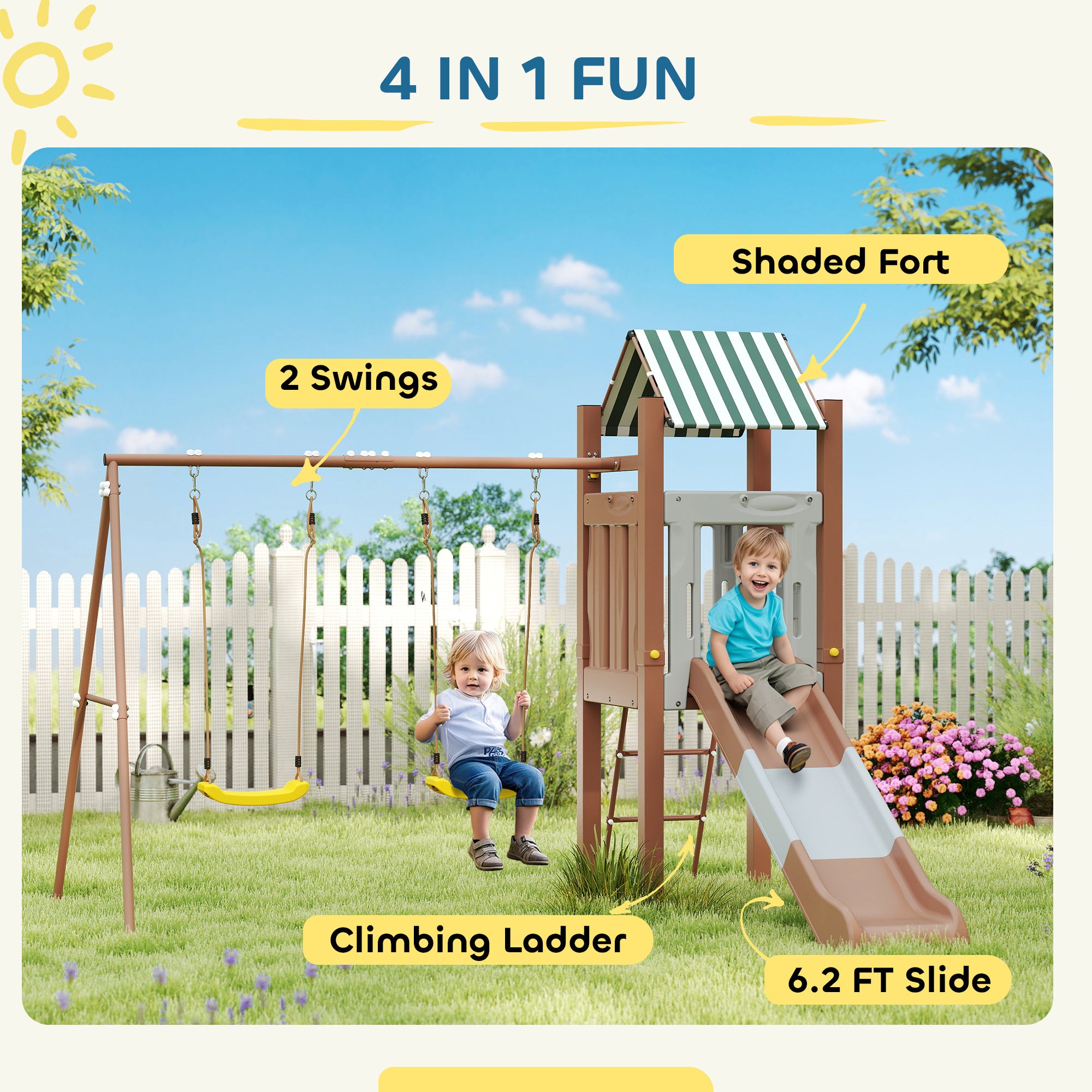 Kids Swing Set With 6 FT Slide, 2 Adjustable Swings, Fort With Canopy, Ladder, Ground Stakes For Ages 3-8, Brown