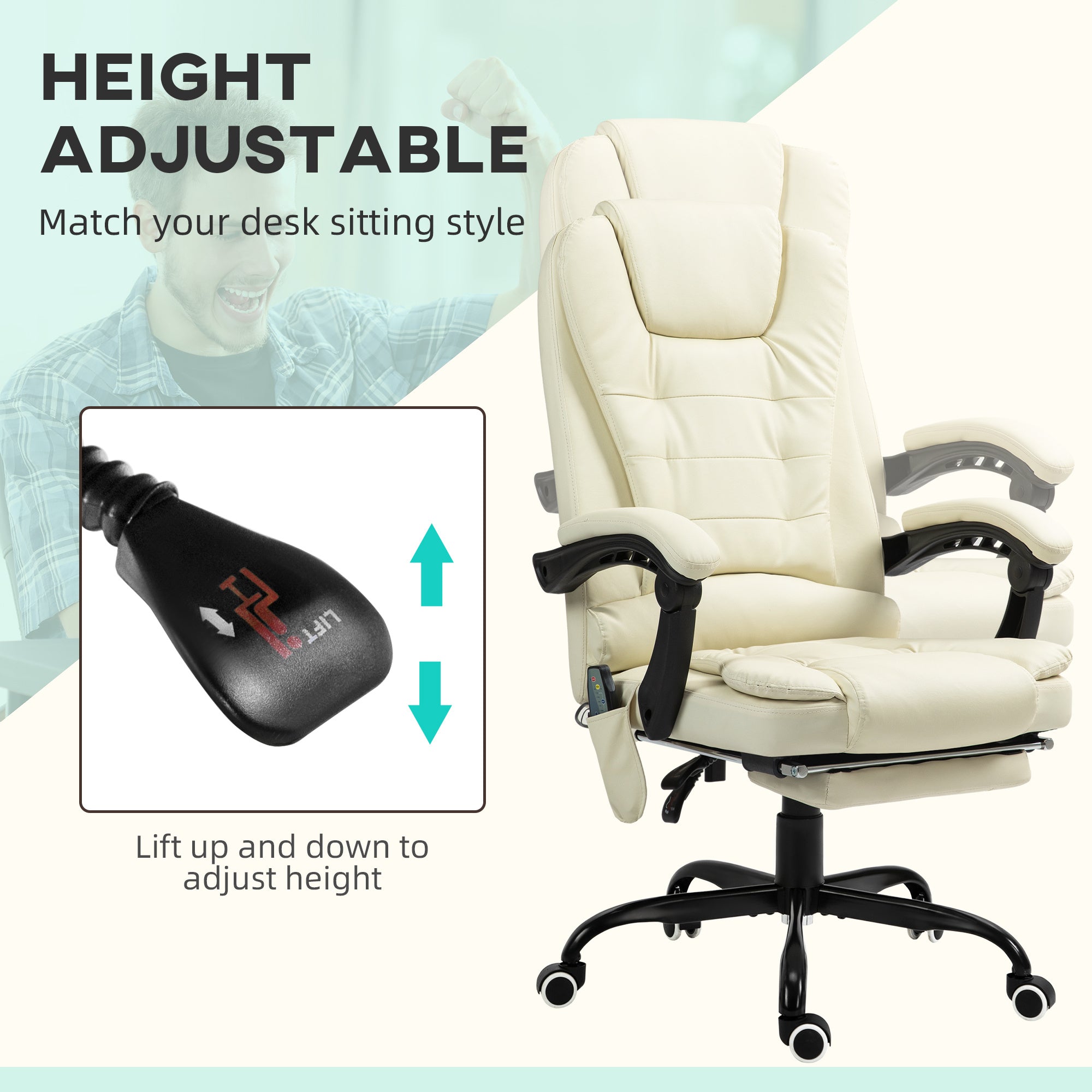 7-Point Vibrating Massage Office Chair High Back Massaging Office Desk Chair With Lumbar Support, Footrest, Cream White
