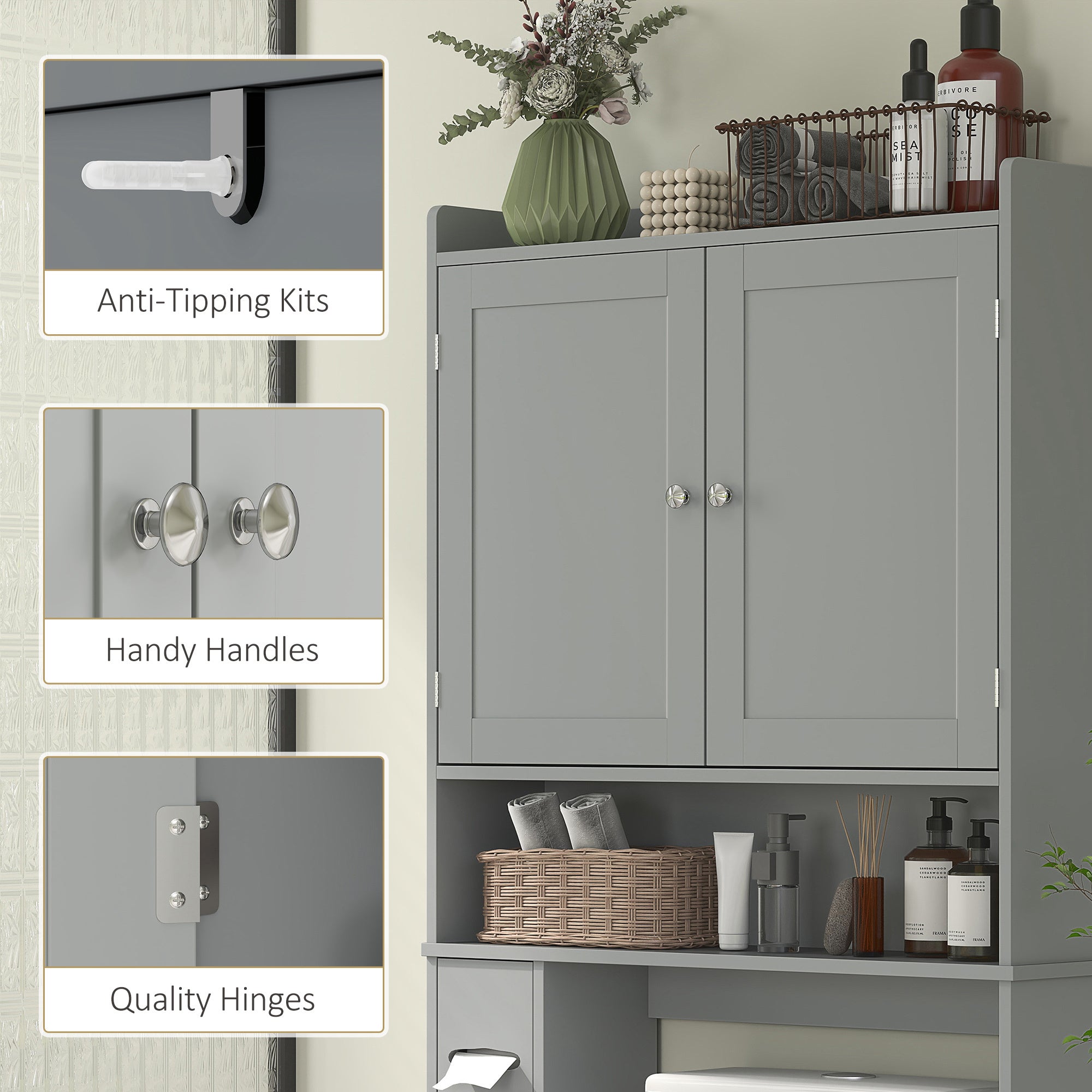 Modern Over The Toilet Storage Cabinet With 2 Doors, Above Commode Storage Cabinet With Toilet Paper Holder, Gray