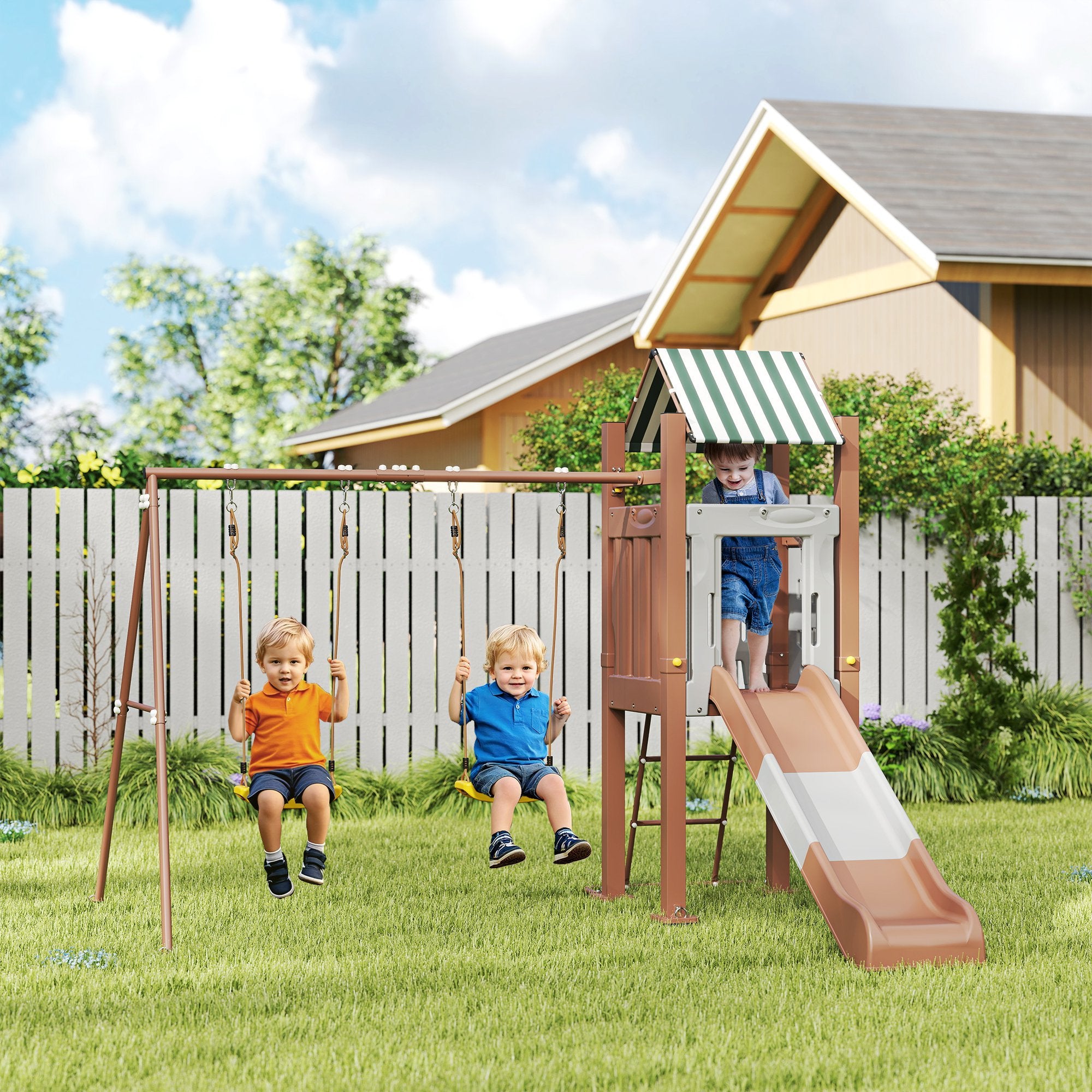 Kids Swing Set With 6 FT Slide, 2 Adjustable Swings, Fort With Canopy, Ladder, Ground Stakes For Ages 3-8, Brown