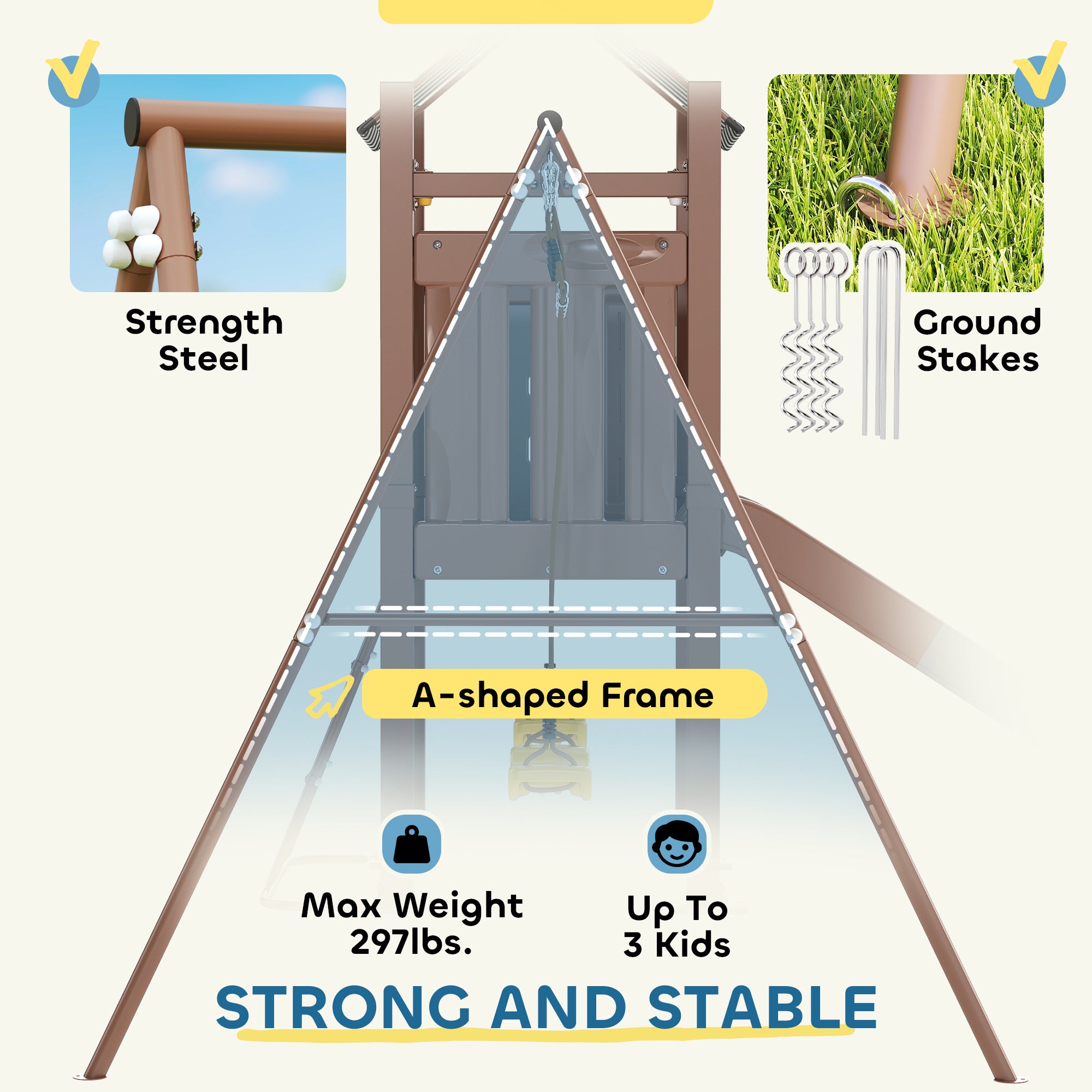 Kids Swing Set With 6 FT Slide, 2 Adjustable Swings, Fort With Canopy, Ladder, Ground Stakes For Ages 3-8, Brown