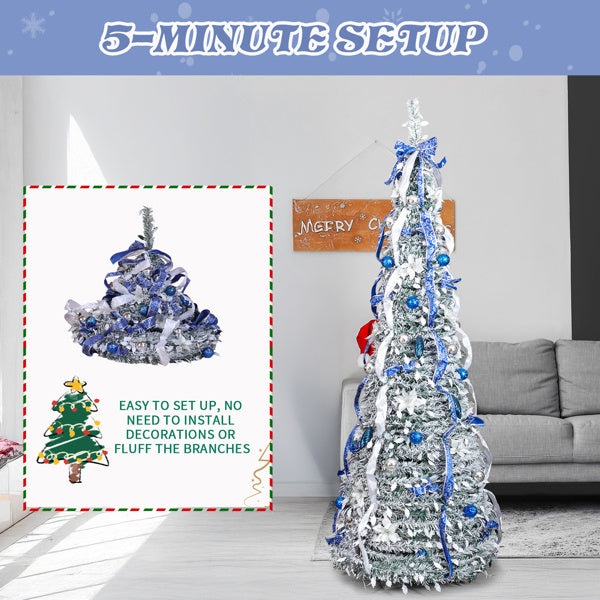 7 FT Snow Flocked Pre-lit Artificial Pop Up Christmas Tree With 200 Warm Lights And Blue & Silver Ornaments For Home Office Store Holiday Deco
