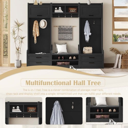4-in-1 Detachable Hall Tree With Storage And 7 Hooks, Multiple Functions Hallway Coat Rack With Storage Drawers And Cabinet, Black Shoe Bench For Entryway Hallway