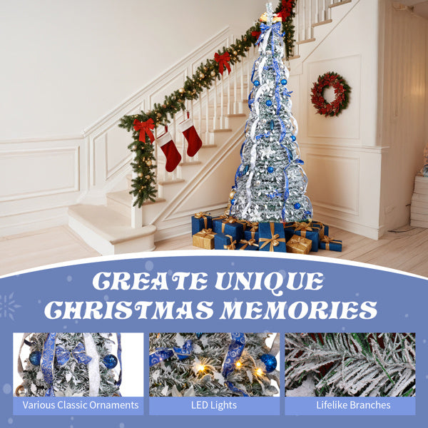 7 FT Snow Flocked Pre-lit Artificial Pop Up Christmas Tree With 200 Warm Lights And Blue & Silver Ornaments For Home Office Store Holiday Deco