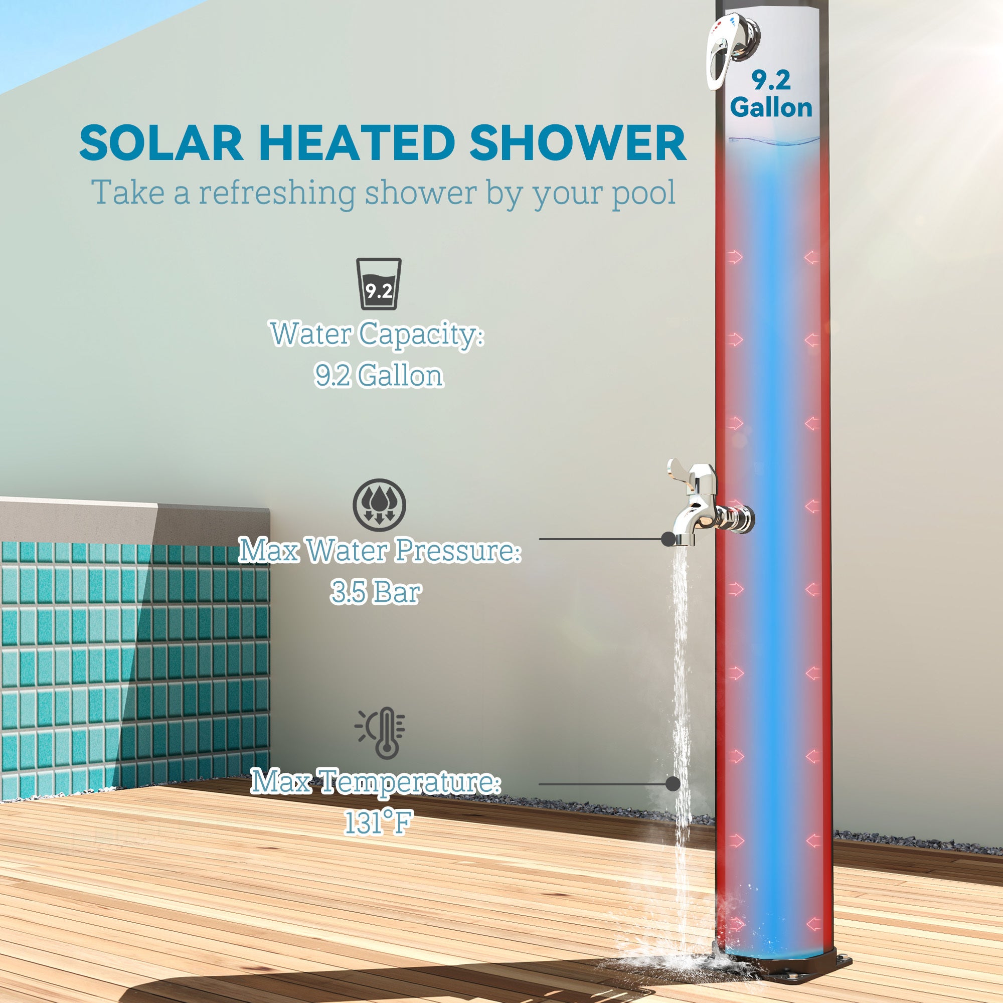 7.1FT Slolar Heated Outdoor Shower, 9.2 Gallon Outdoor Solar Shower For Backyard, Poolside, Beach, Spa