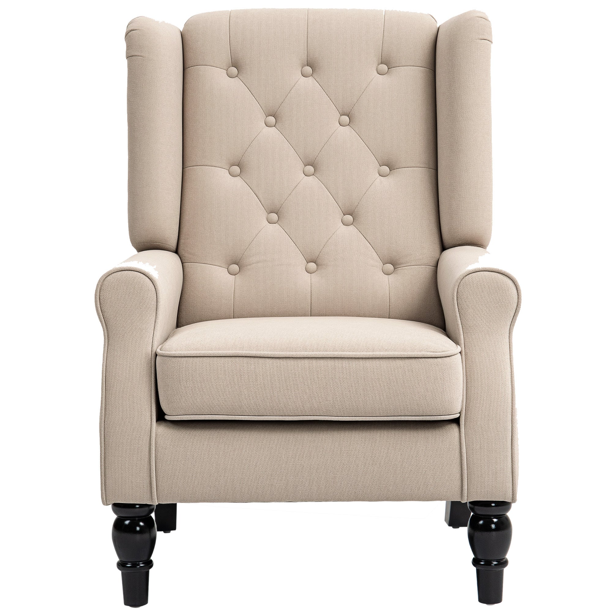 Wingback Accent Chair For Living Room, Button-Tufted Lounge Chair With Round Armrests And Wood Legs, Beige