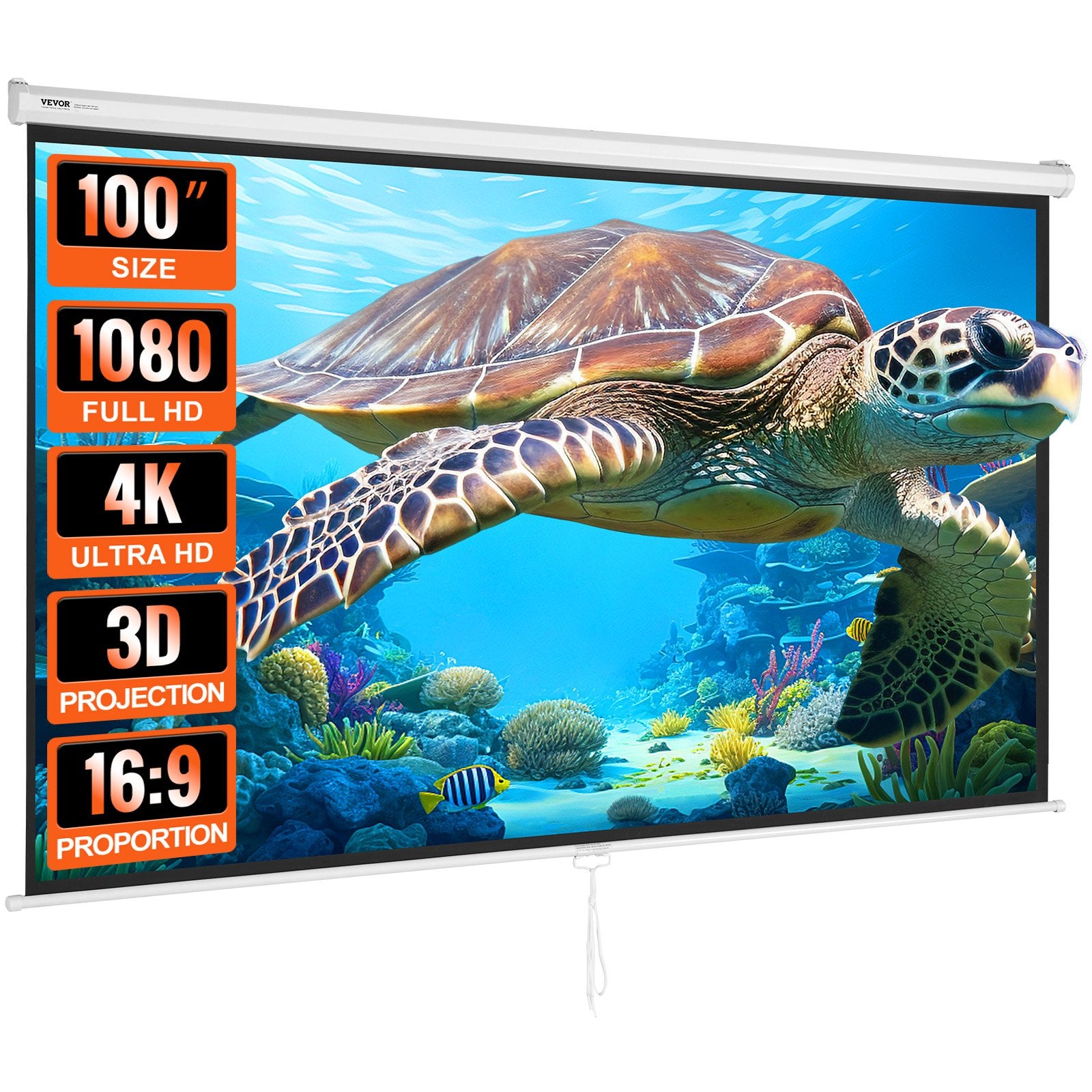 Manual Projector Screen, 100 Inch 16:9 4K 1080 HD Retractable Pull Down Projector Screen, Auto-Locking Portable Movie Screen For Family Home Office Theater