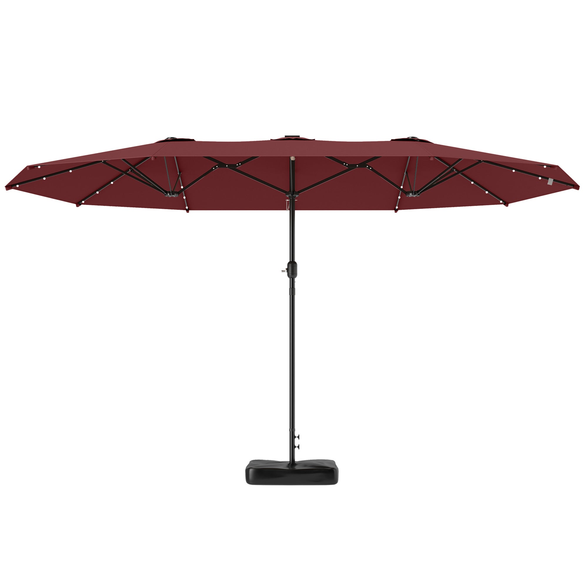 Garden Parasol 14.4ft Double-Sided Sun Umbrella With Base, Patio Parasol With LED Solar Lights, Wine Red