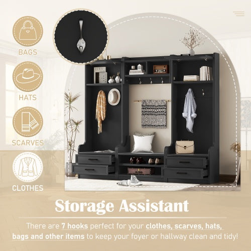 4-in-1 Detachable Hall Tree With Storage And 7 Hooks, Multiple Functions Hallway Coat Rack With Storage Drawers And Cabinet, Black Shoe Bench For Entryway Hallway