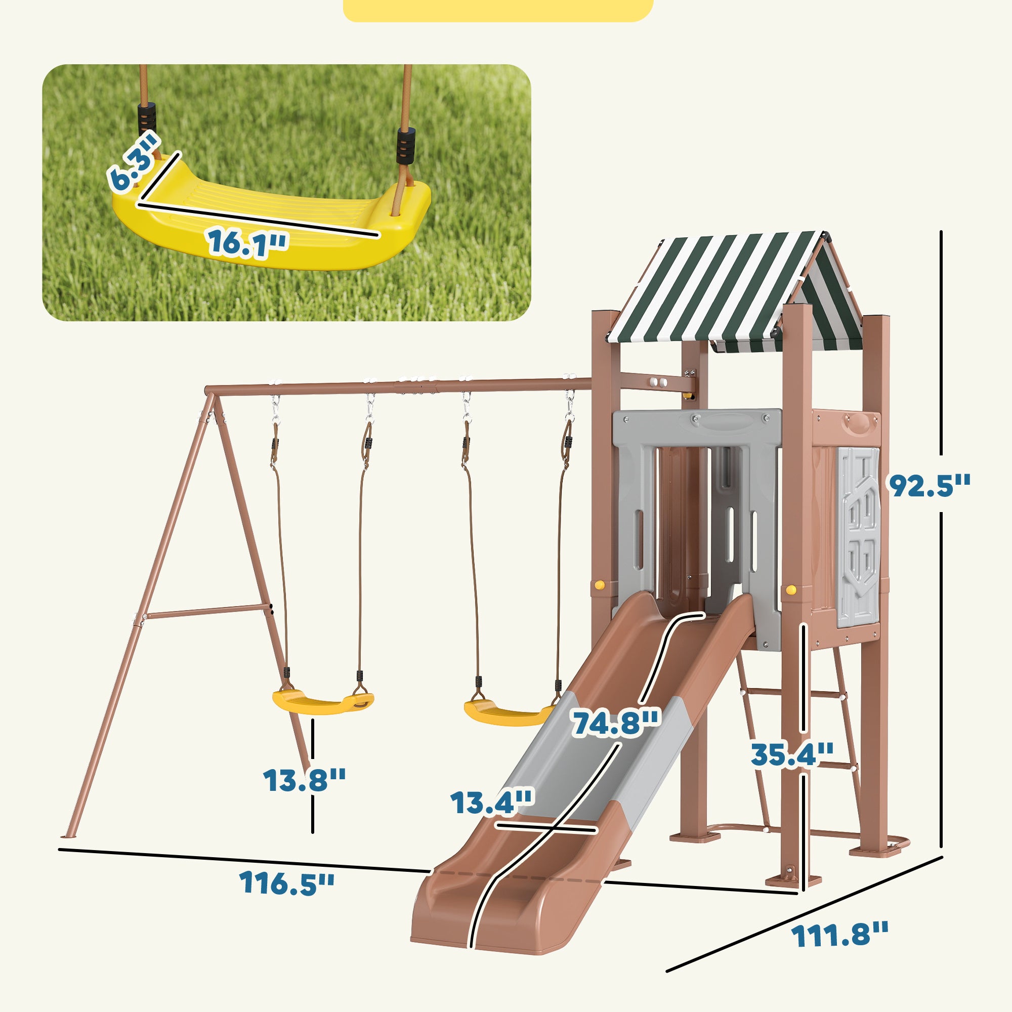 Kids Swing Set With 6 FT Slide, 2 Adjustable Swings, Fort With Canopy, Ladder, Ground Stakes For Ages 3-8, Brown