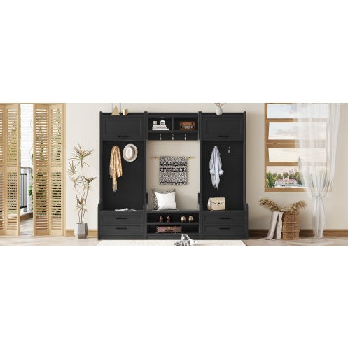 4-in-1 Detachable Hall Tree With Storage And 7 Hooks, Multiple Functions Hallway Coat Rack With Storage Drawers And Cabinet, Black Shoe Bench For Entryway Hallway
