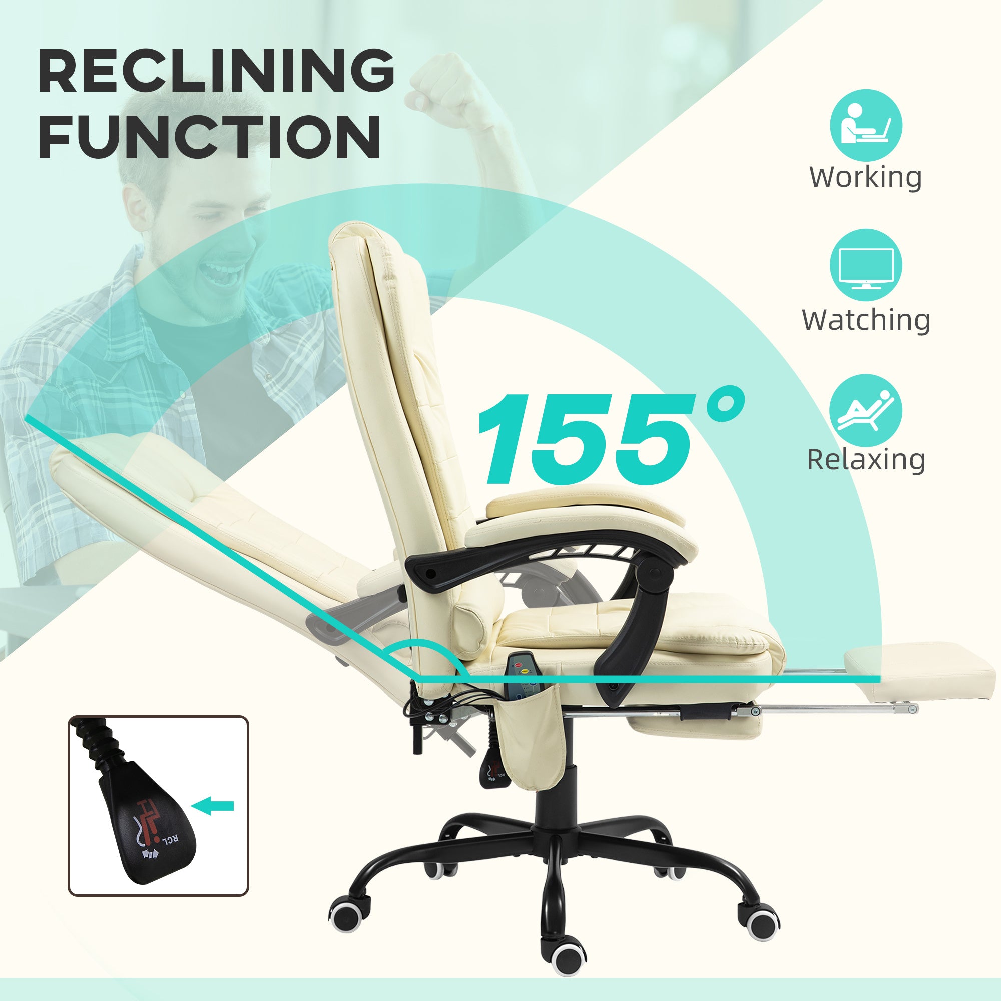 7-Point Vibrating Massage Office Chair High Back Massaging Office Desk Chair With Lumbar Support, Footrest, Cream White